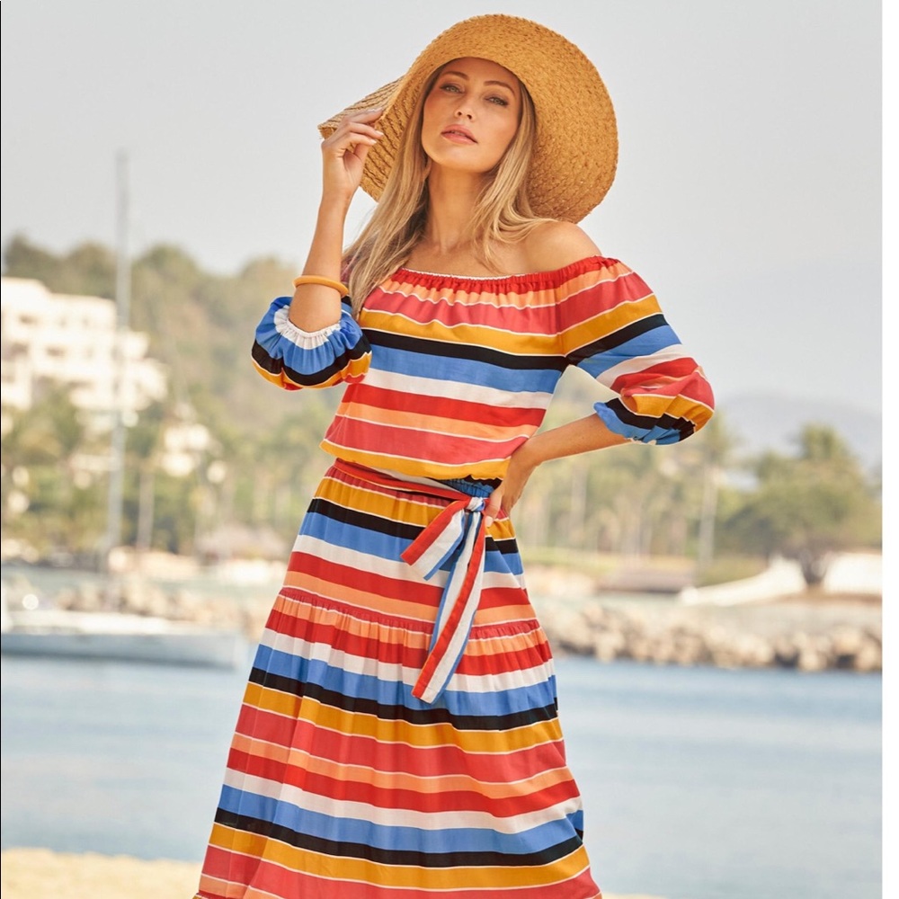 Boston Proper Multicolor Striped Off-Shoulder Maxi Dress